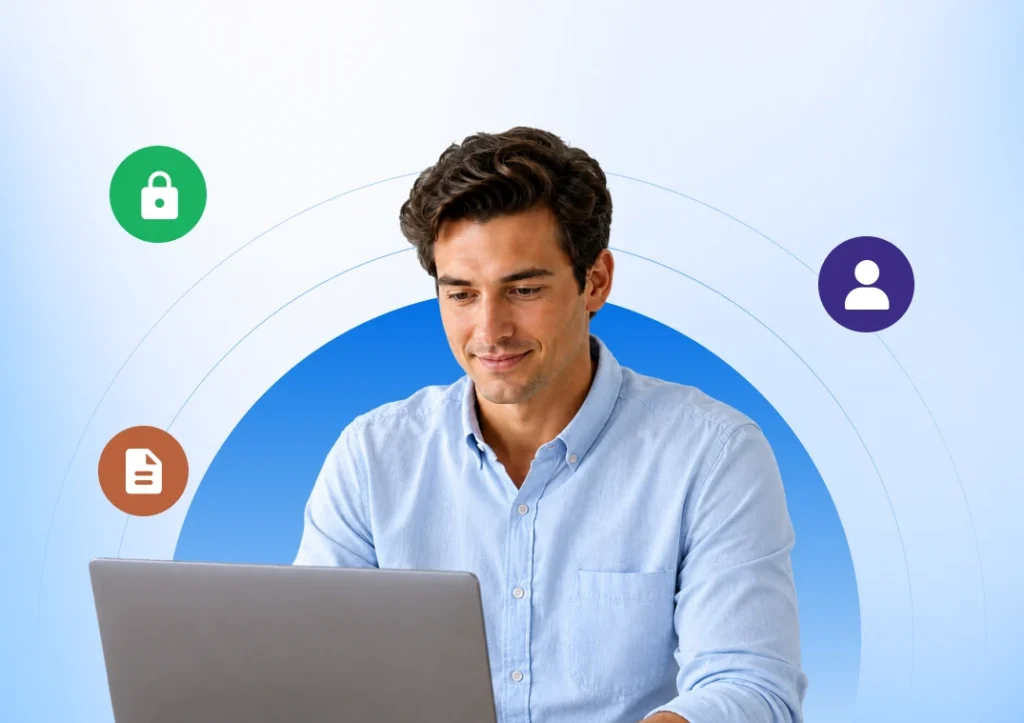 A man working on a laptop surrounded by digital security icons representing user access, document protection, and data privacy.