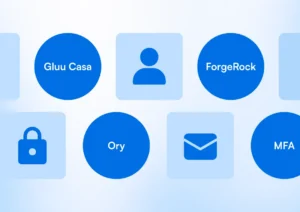 Graphic showcasing top open source MFA solutions including Gluu Casa, ForgeRock, and Ory alongside multi-factor authentication security icons.