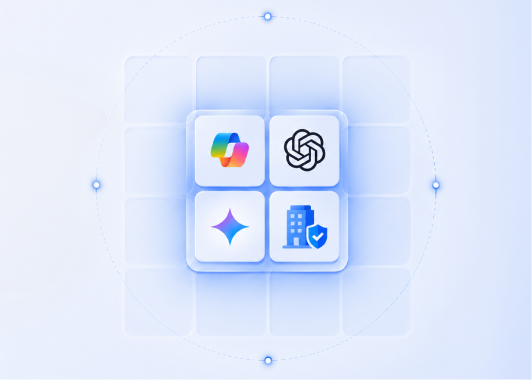 Enterprise AI Security and AI Governance dashboard showing ChatGPT, Microsoft Copilot, and Gemini integration with corporate compliance protections.