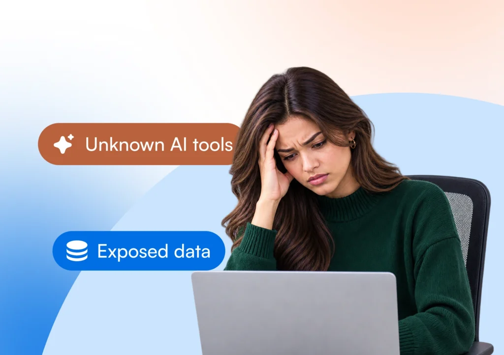 Illustration of a concerned woman holding her head while sitting at a laptop, surrounded by floating badges reading "Unknown AI tools" and "Exposed data," representing AI security risks.