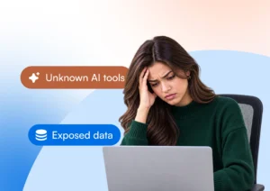 Illustration of a concerned woman holding her head while sitting at a laptop, surrounded by floating badges reading "Unknown AI tools" and "Exposed data," representing AI security risks.