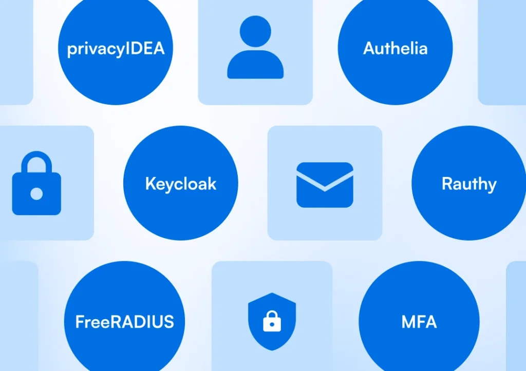 Blue grid graphic showcasing Top 5 open-source authentication tools including Keycloak, Authelia, privacyIDEA, Rauthy and FreeRADIUS